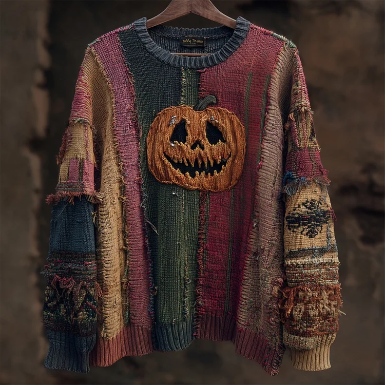 Halloween Spooky Pumpkin Face Embroidered Patchwork Knitted Sweater