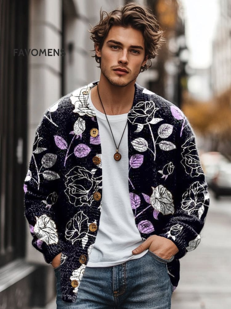 Rose Pattern Print Buttoned Cardigan Sweater Multicolor / S