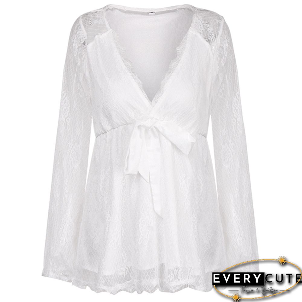 White Lace V Neck Long Sleeve Blouse