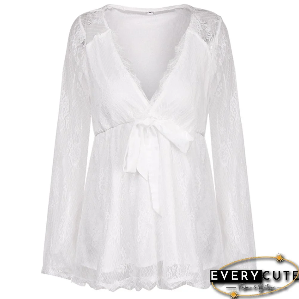 White Lace V Neck Long Sleeve Blouse