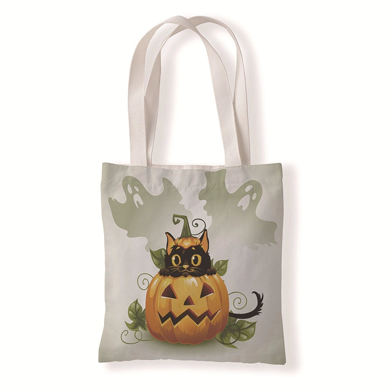 Halloween Women’s Medium Canvas Pumpkin Cat Streetwear Square Open Canvas Bag