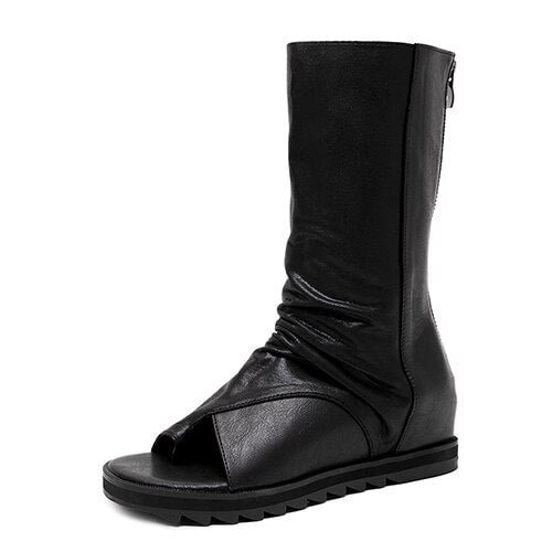 Gdgydh Zipper Design Black Women Shoes Wedges 2021 New Spring Autumn Open Toe Leather Mid-Calf Boots For Women Promotion Sale