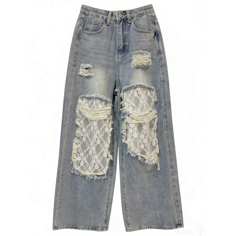 Vintage Bohemian Lace-paneled Distressed Washed Denim Jeans wearshes