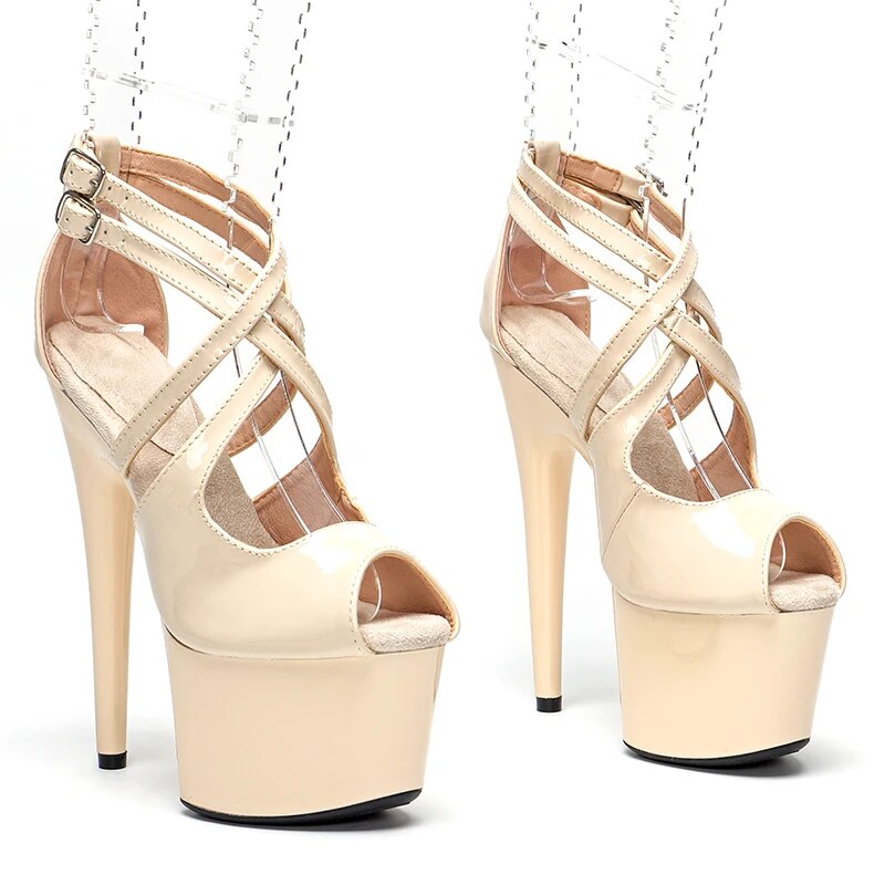 TAAFO Shinny PU 17CM/7Inch Women's Platform Sandals Party High Heels Shoes Pole Dancing Shoes