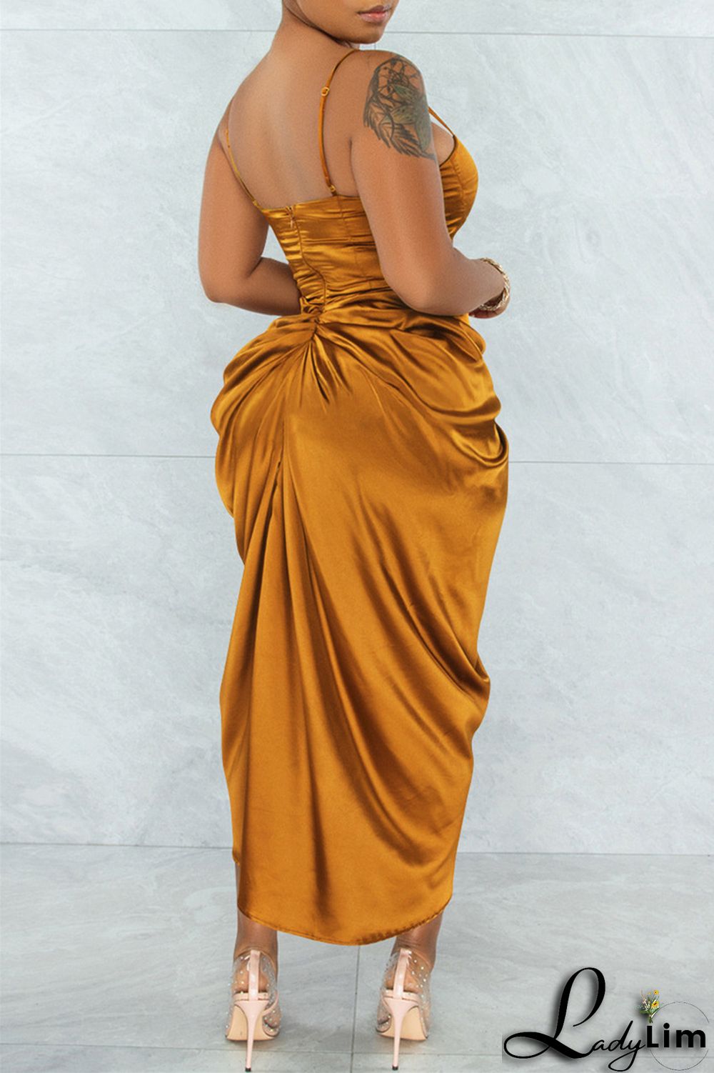 Brownness Fashion Sexy Solid Patchwork Backless Fold Spaghetti Strap Sleeveless Dress