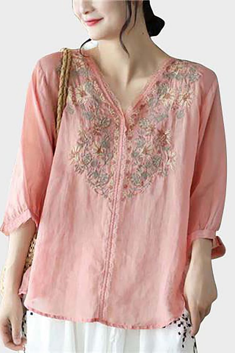 Three Quarter Sleeve V Neck Floral Embroidery Linen Casual Blouse