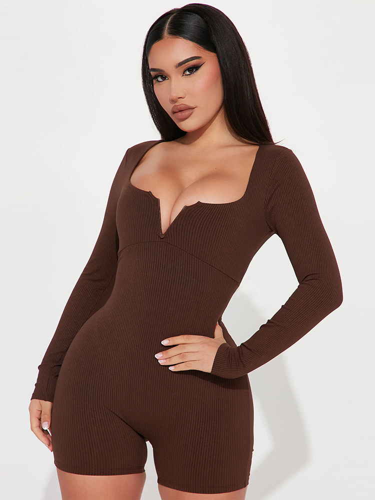 Hugcitar Ribbed V Neck Long Sleeve Solid Sexy Bodycon Skinny Playsuit  Fall Streetwear Exercise Romper Overalls Y2K