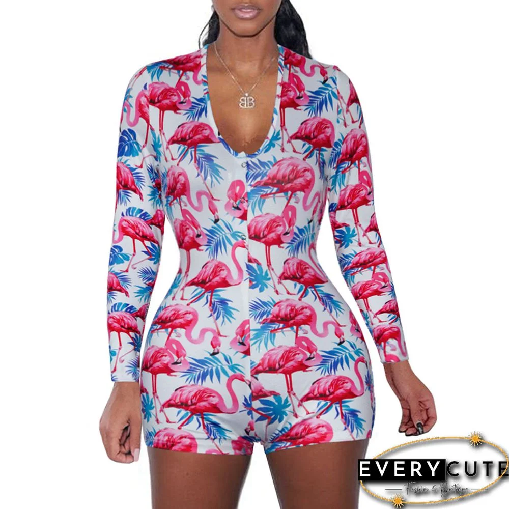 Pink Flamingo Print Long Sleeve Bodycon Romper