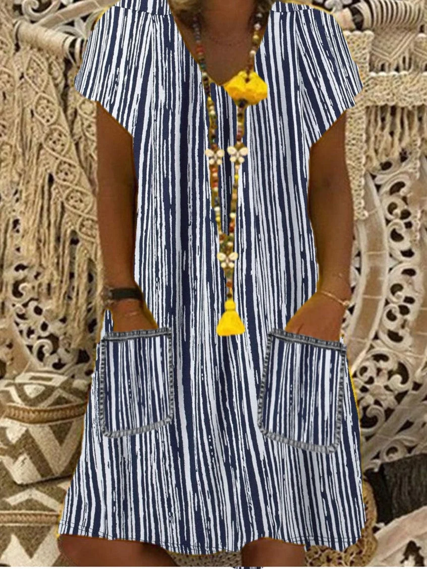 Women Short Sleeve V-neck Striped Midi Dress