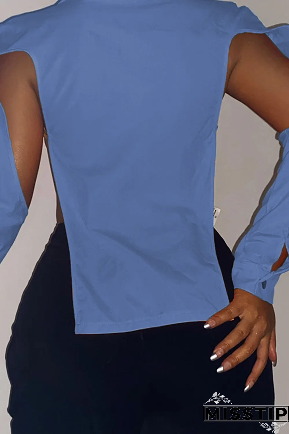 Grey Sexy Solid Hollowed Out Turndown Collar Tops