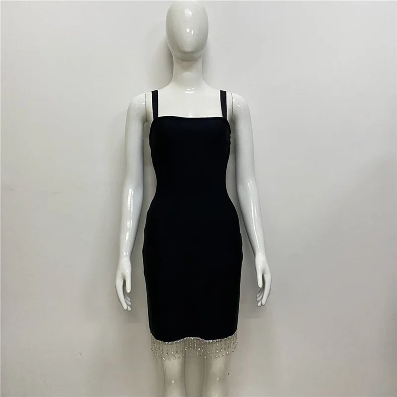 Summer Diamonds Tassel Women Dress Spaghetti Strap Slash Neck Mini Bandage Vestidos  Night Club Party Female Clothing