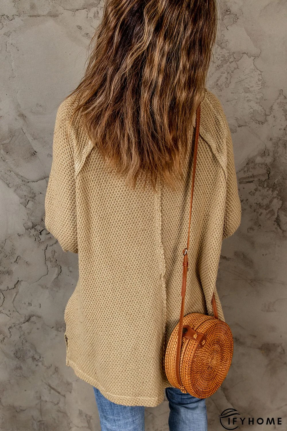 Khaki Waffle Knit Patchwork Oversized Pullover Sweatshirt | IFYHOME
