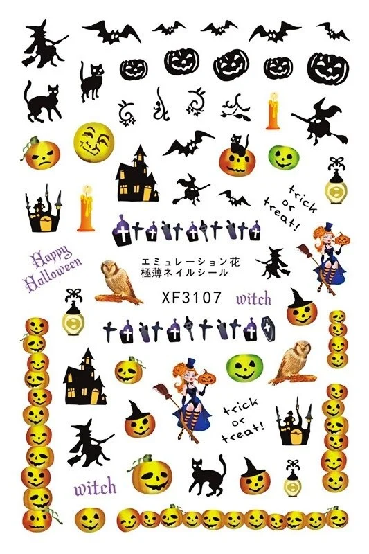Nail Stickers Back Glue Halloween Skull Pumpkin Bat Creative Designs Nail Decal Decoration Tips For Beauty Salons-Nail Inspo