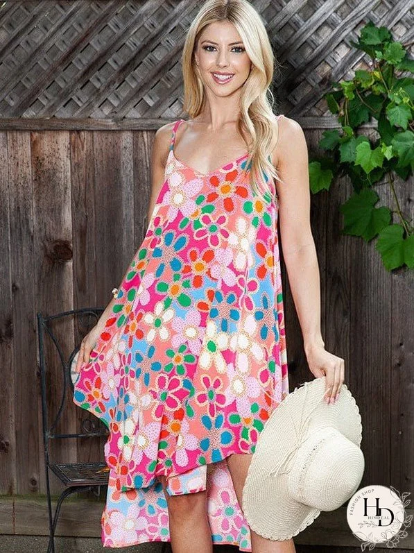 Women'S Pink Floral Print Irregular Suspender Dress