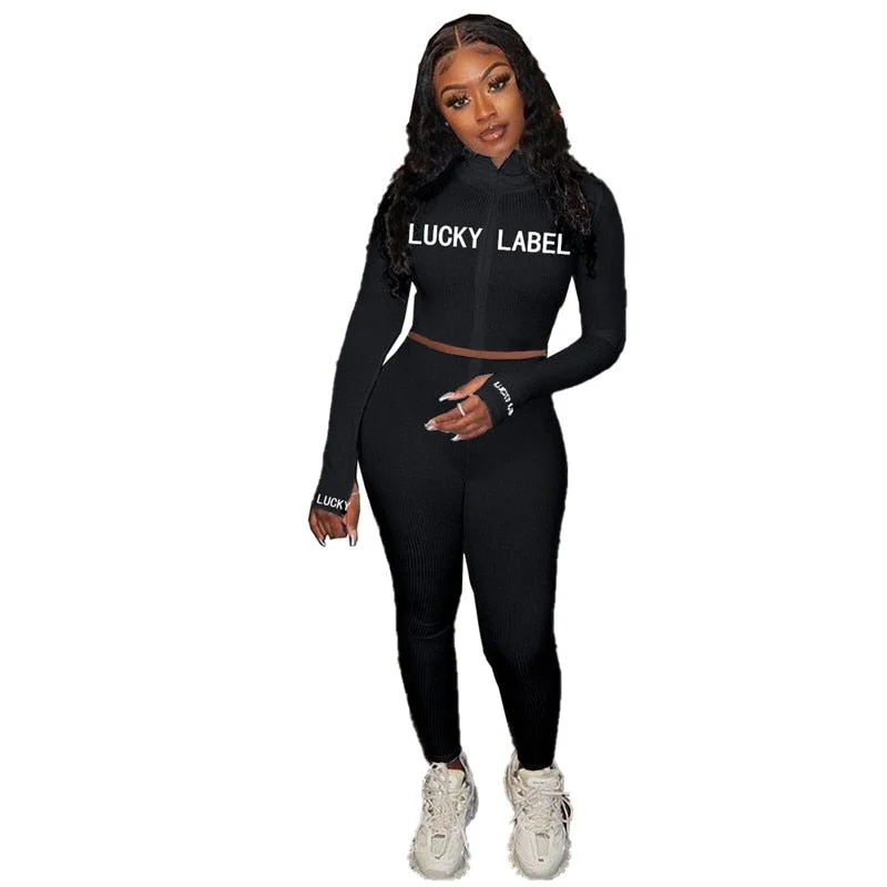 Lucky Label 2 Piece Set Women Fall Fitness Outfit Tracksuit Stretch Knitted Top Leggings Matching Set Girl Wholesale Dropshpping