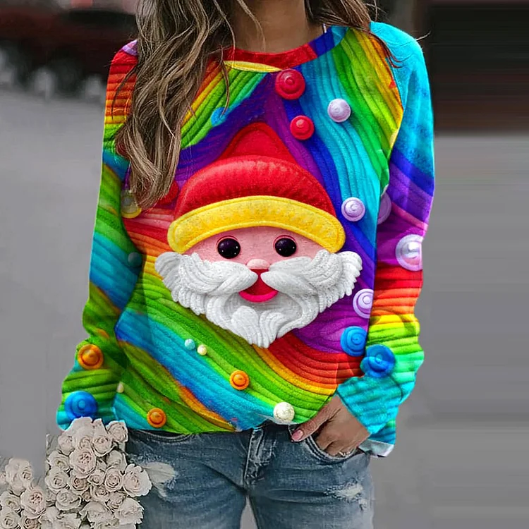 Wearshes Colorful Santa Claus Printed Round Neck Casual Sweatshirt