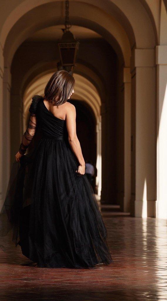 Plus Size Formal Black Single Sleeve Elegant Party Wedding Guests Bridesmaid Tulle Maxi Dress