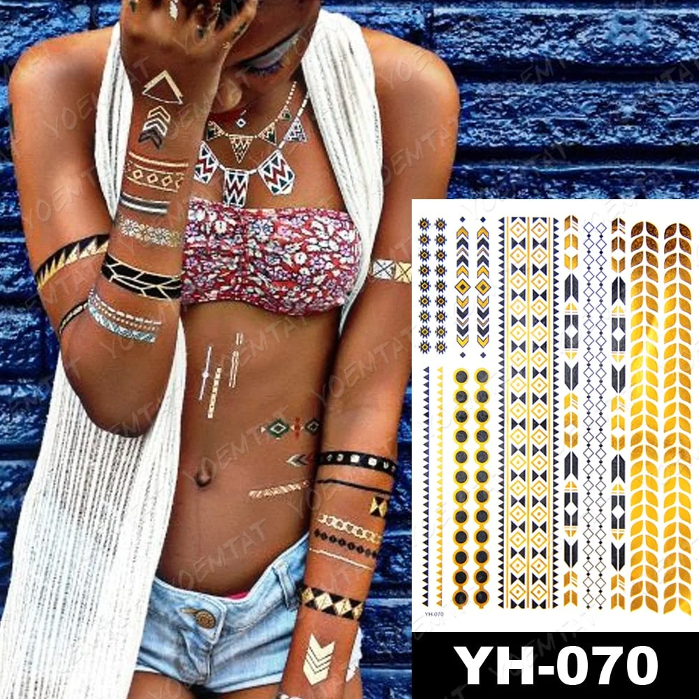 Waterproof Temporary Tattoo Sticker Gold Silver Henna Indian Hand Painted Glitter Tattoos Women Mandala Flower Feather Body Art