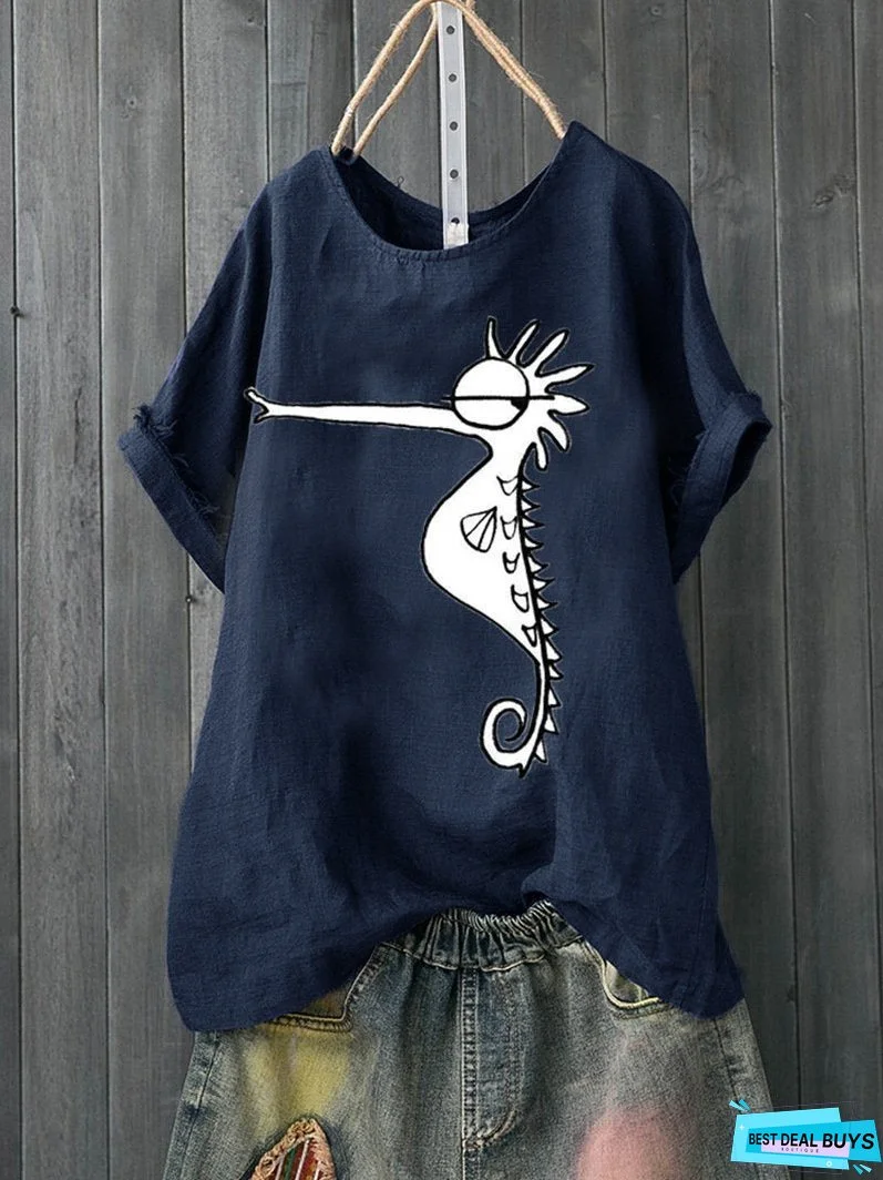 Short-sleeved Casual Breathable Cotton T-shirt for Hippocampal Printing