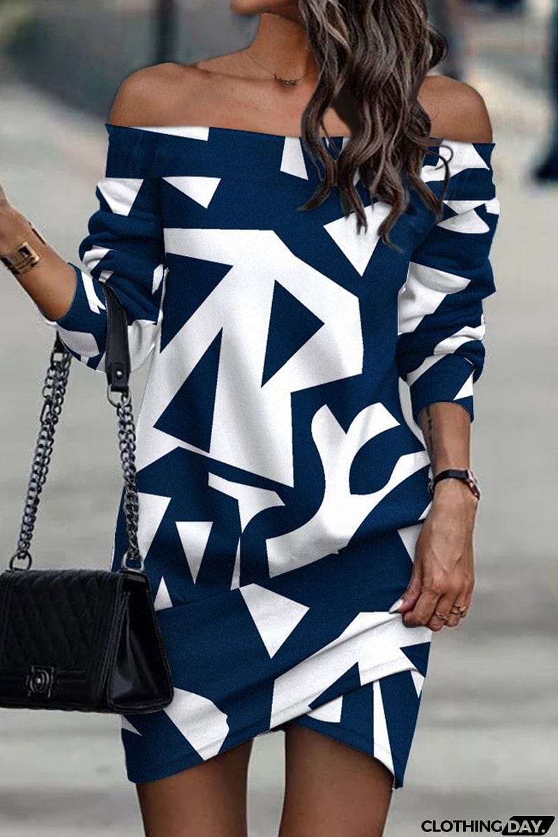 Work Print Printing Off the Shoulder A Line Dresses