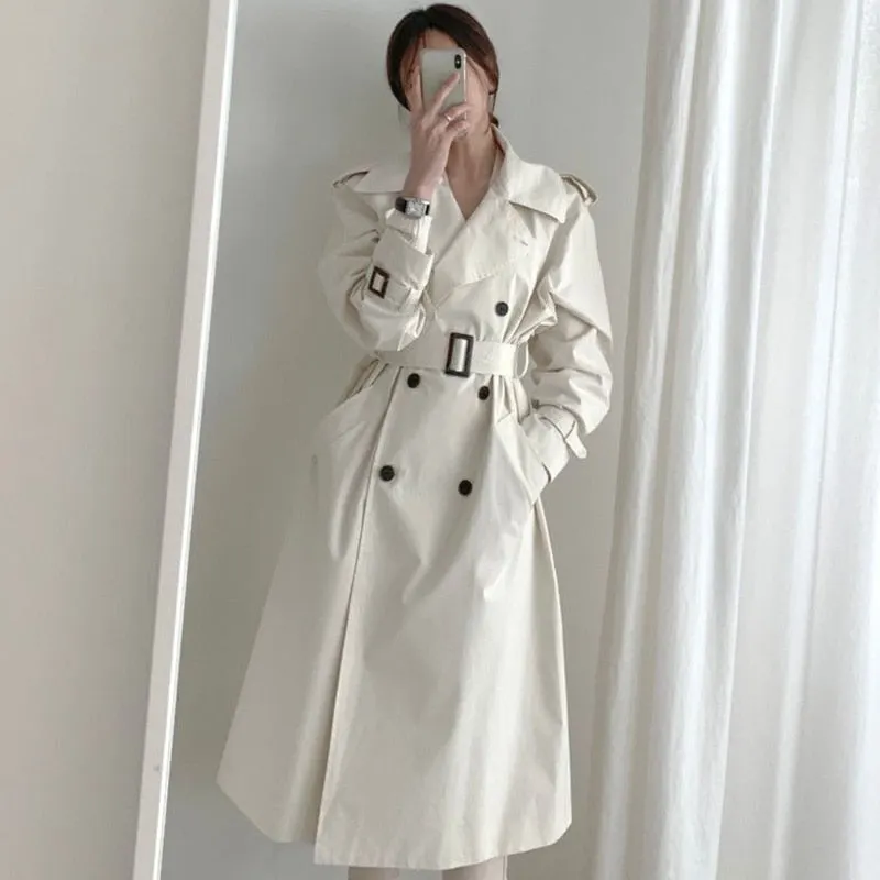 Ailegogo Autumn Women Chic White Long Trench Coat with Belt Vogue Loose Fit Double Breasted Turn Down Collar Windbreaker Outwear