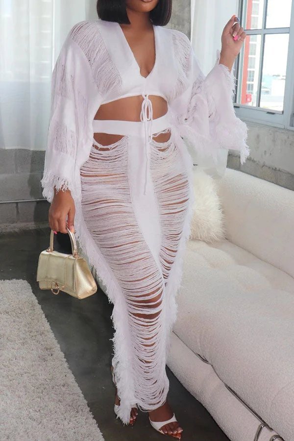 Solid Color Ripped Tassel Bohemia Knitted Skirt Suit Beachwear