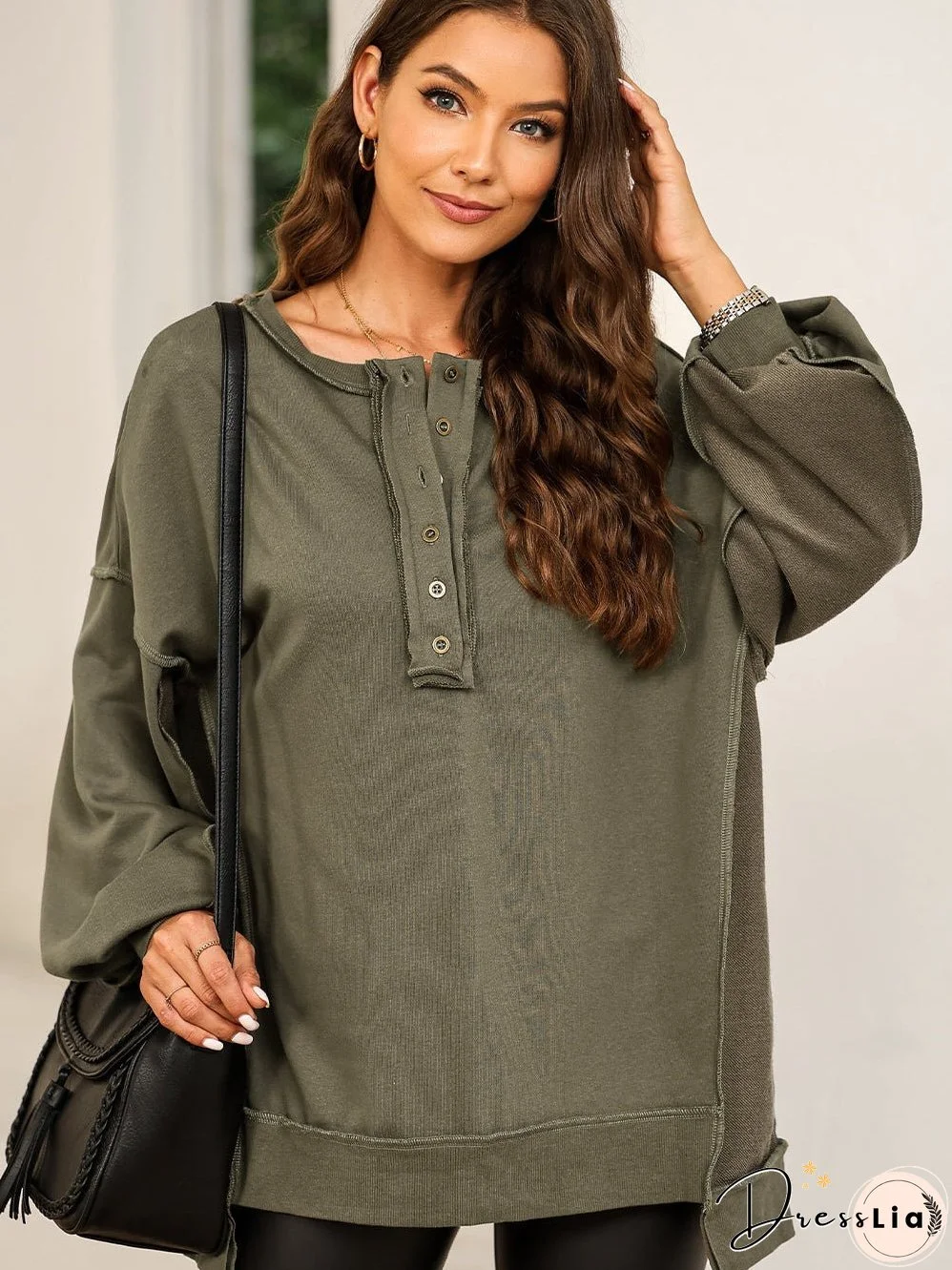 Oversized Green Henley Patchwork Sweatshirt