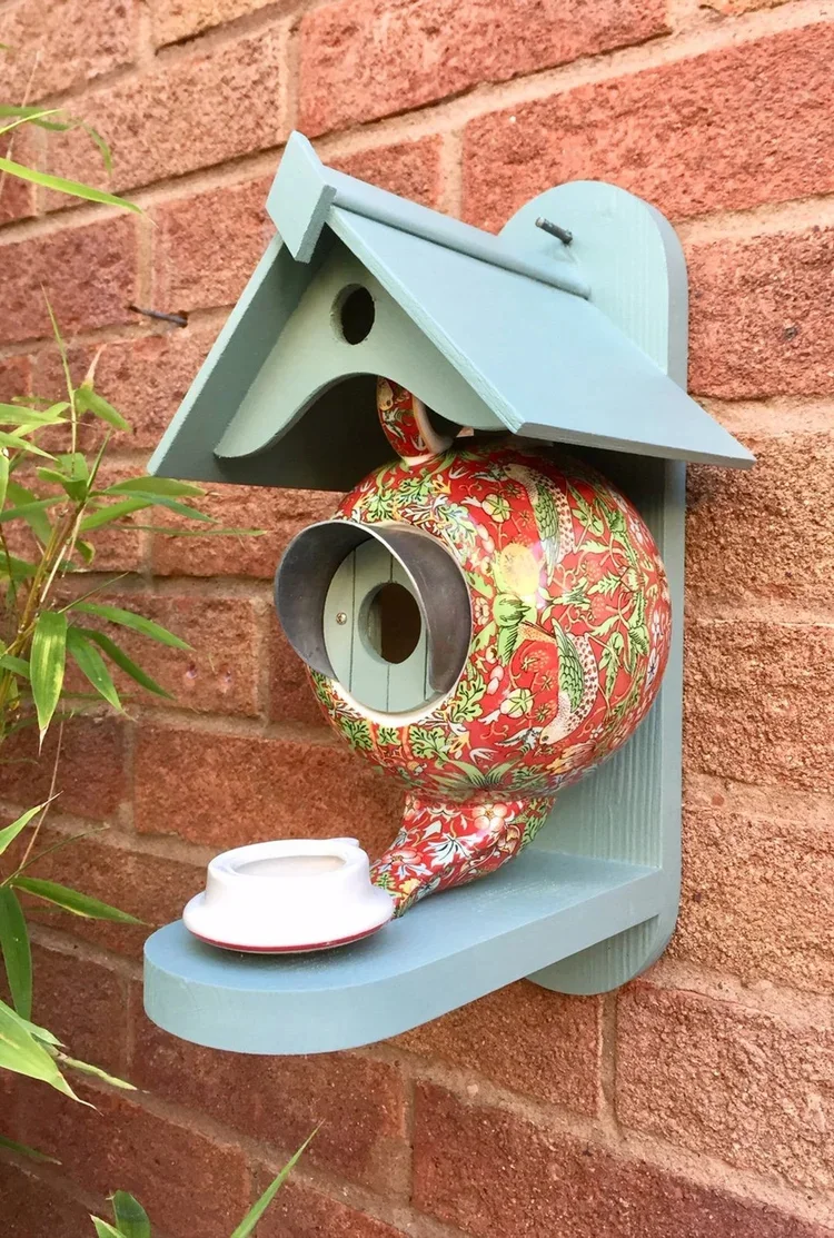 William Morris Teal Teapot Bird House