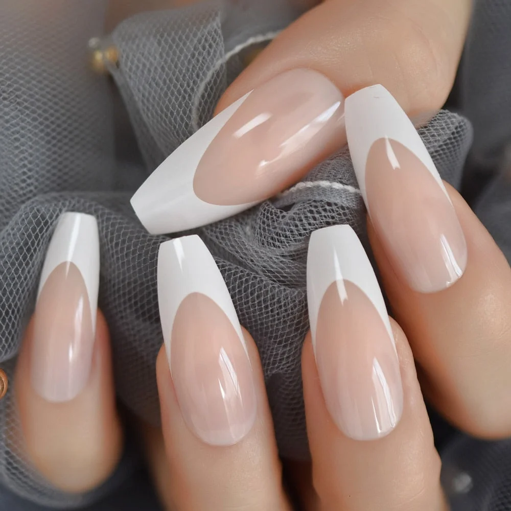 White French Tips Fake Nails Extra Long Stiletto False Nails Natural Painted Long Party Designed Nails 24 Count-Nail Inspo
