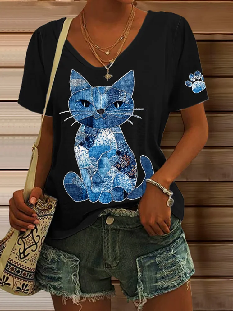 Utbros Women's Retro Animal Cat Print V-neck T-shirt