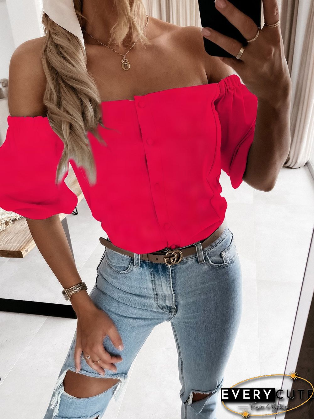 Women'S Blouses One Word Neck Button Short Sleeve Blouse