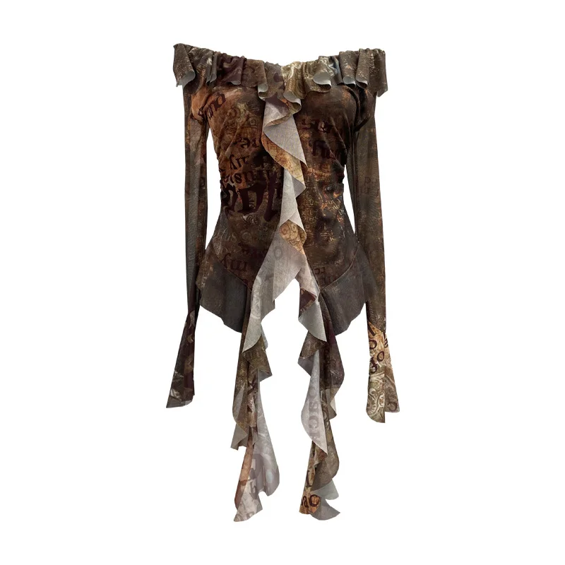 Nigikala Nigikala Shooting Retro Shoulder Tie-Dye Net Horn Long-Sleeved T-Shirt Irregular Lotus Leaf Side Ribbon Y2k Top 8012