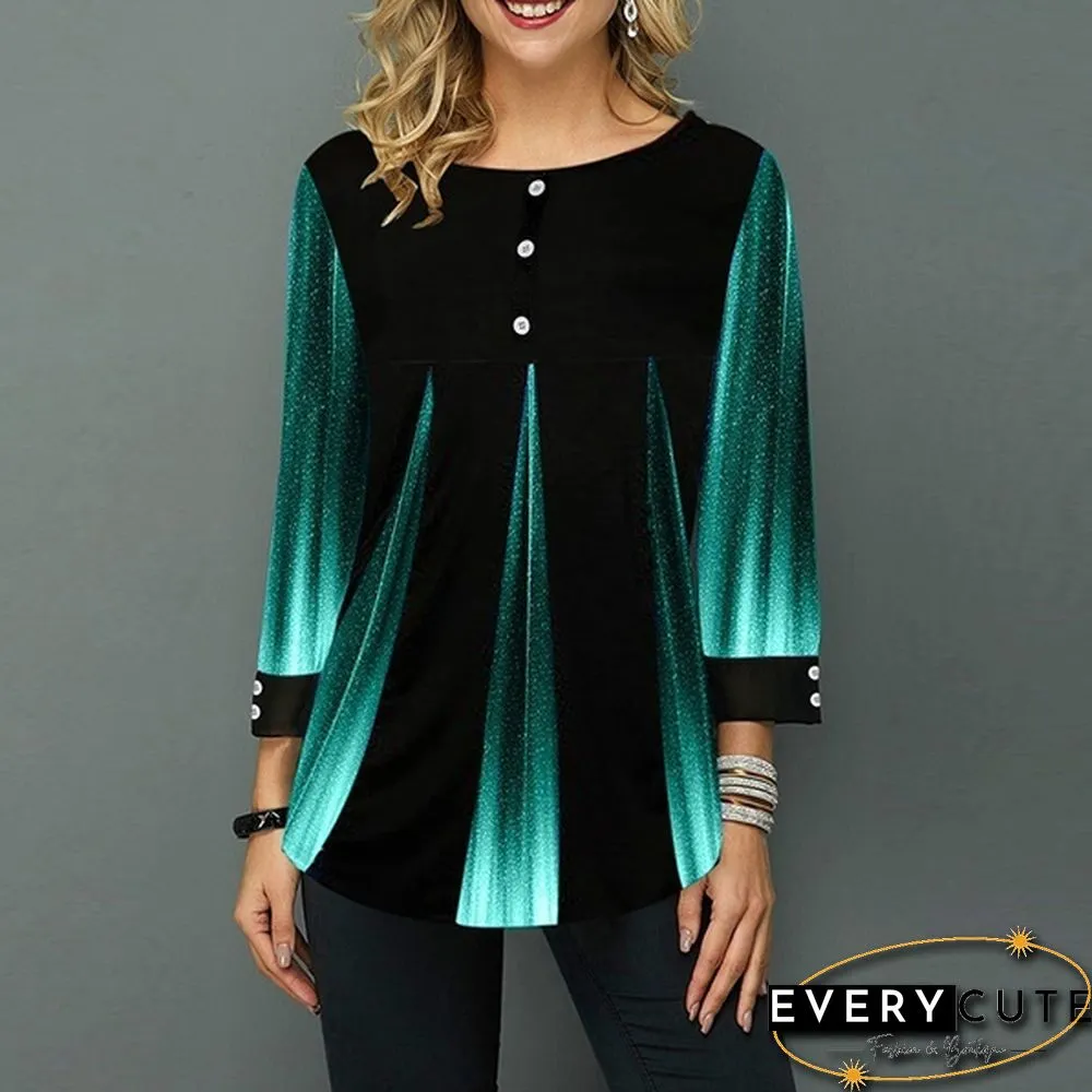 Loose Casual Womens Fashion Trend Autumn Long Sleeve Round-neck Button Shirt