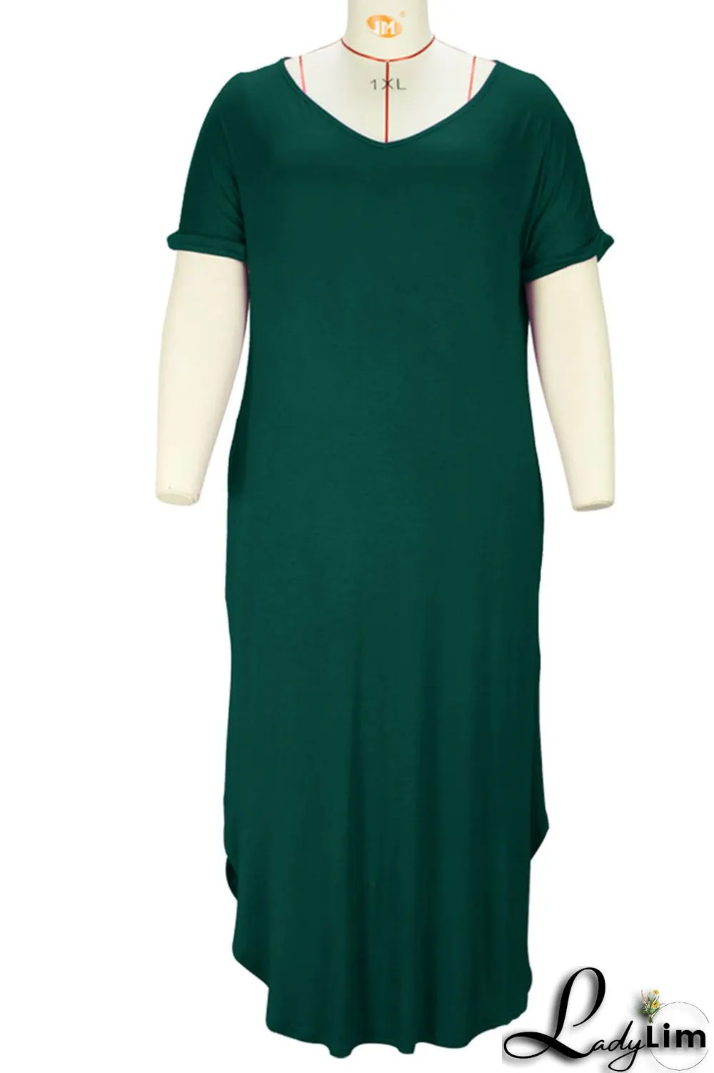 Blue Casual Solid Patchwork Slit V Neck T-shirt Dress Plus Size Dresses