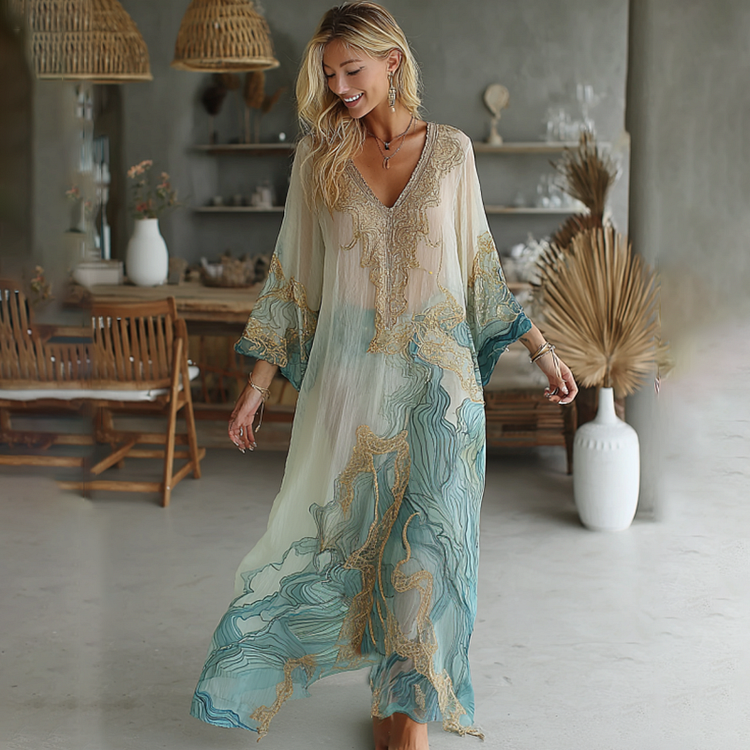 Vintage Marble Texture Collection Retro Bohemia Women Style Gradient Gilded Pattern Linen Maxi Dress