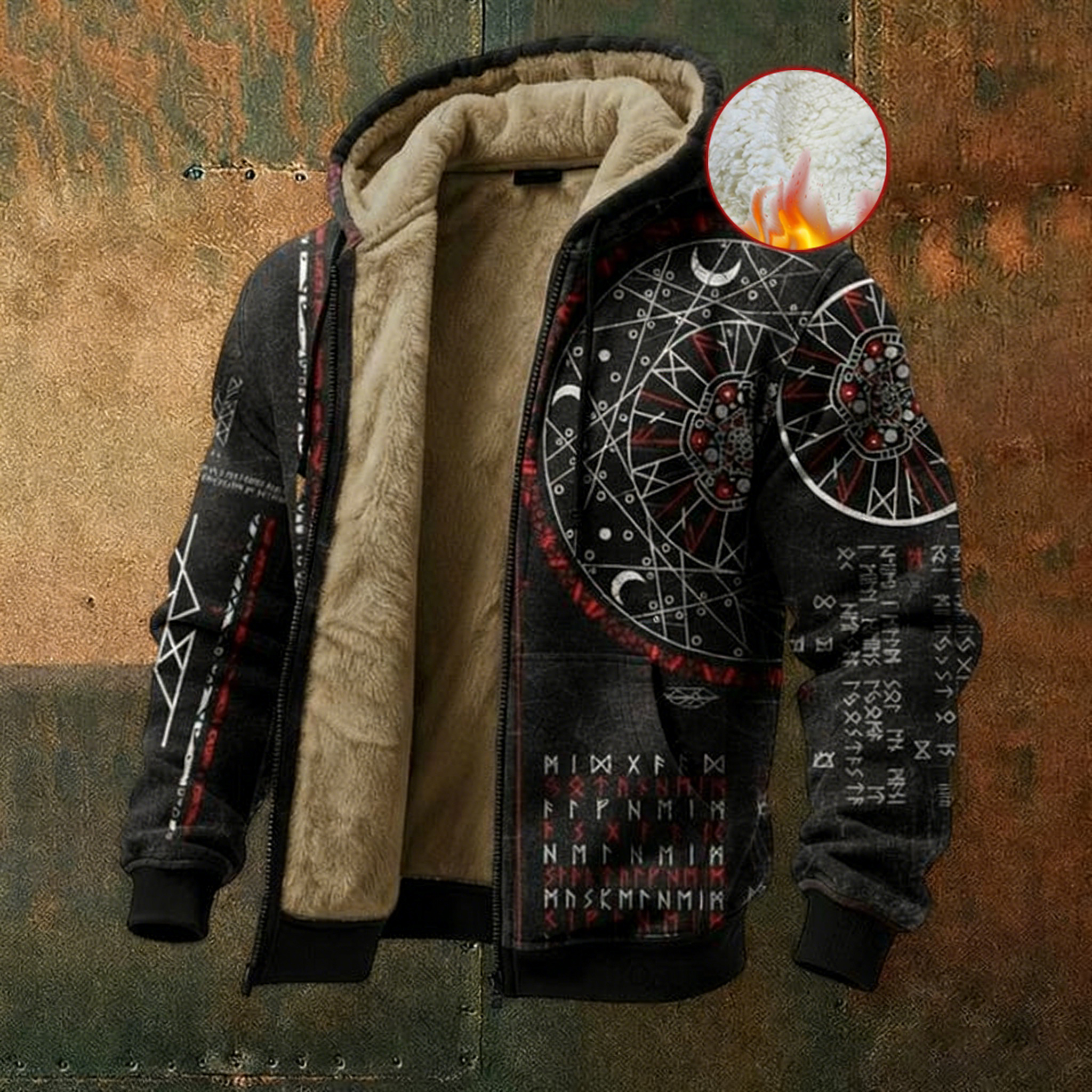 Men's Viking Style Vegv&iacute;sir Rune Pattern Zipper Jacket elevenforest