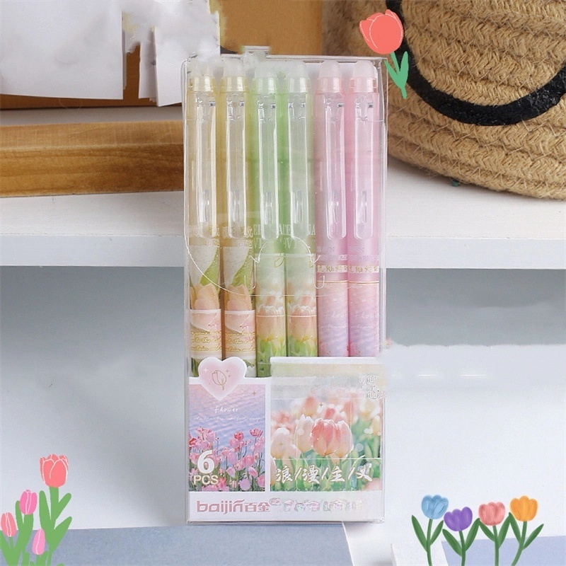1 Box Of 6 Pieces Tulip Class Learning Plastic Minimalist Classic Style Gel Pen
