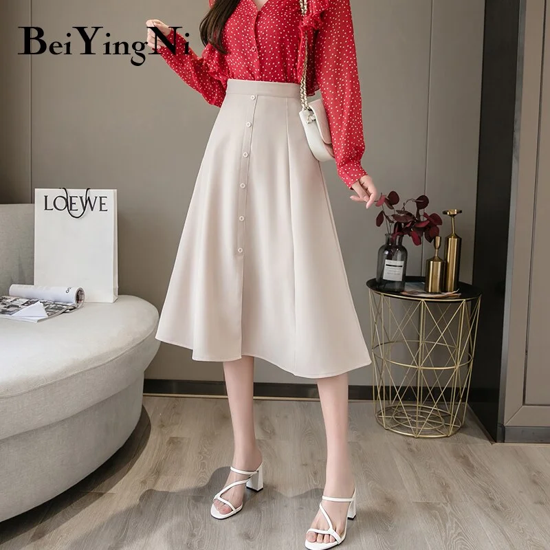 Beiyingni 2021 Midi Skirt Women Solid Color Buttons High Waist Vintage Harajuku Elegant Maxi Long A Line Skirts Fashion Clothes