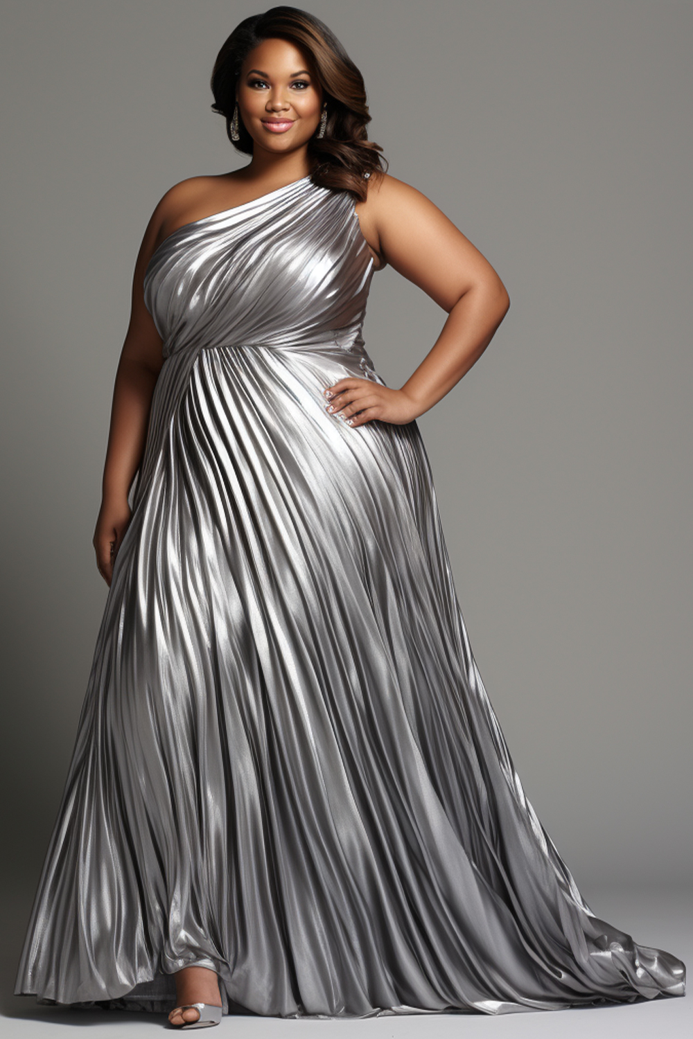 Design Plus Size Formal Elegant Silver Oblique Collar One Shoulder Pleated Glitter Maxi Dresses [Pre-Order]