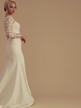 Women Mermaid Lace Wedding Dress Long Sleeves Beaded Scoop Neck Court Train Bride Gown