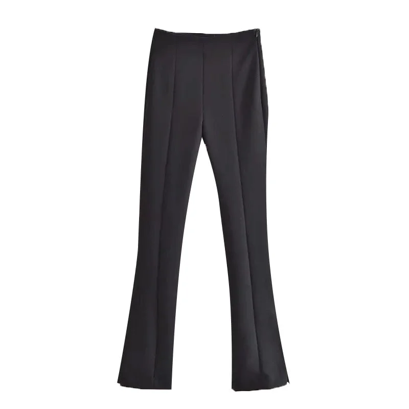 TRAF Women Chic Fashion With Side Vents Flare Pants Vintage High Waist Side Zipper Female Trousers Mujer