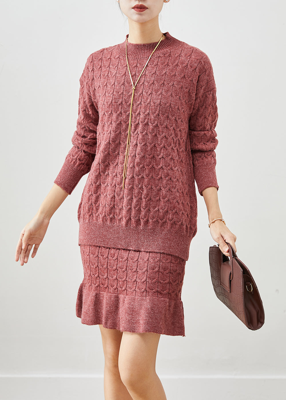 VCSHOES Brick Red Ruffles Knit Two Pieces Set Fall