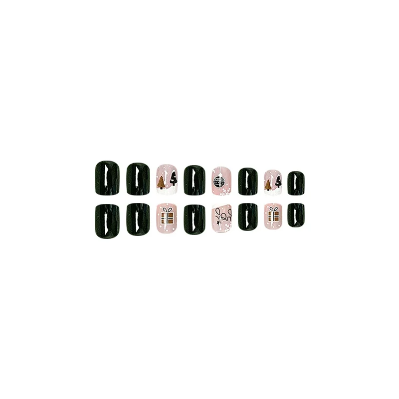 Churchf Lovely Christmas Tree Nail Dark Green White Snow Fake Nails Short European Square Nail Removable