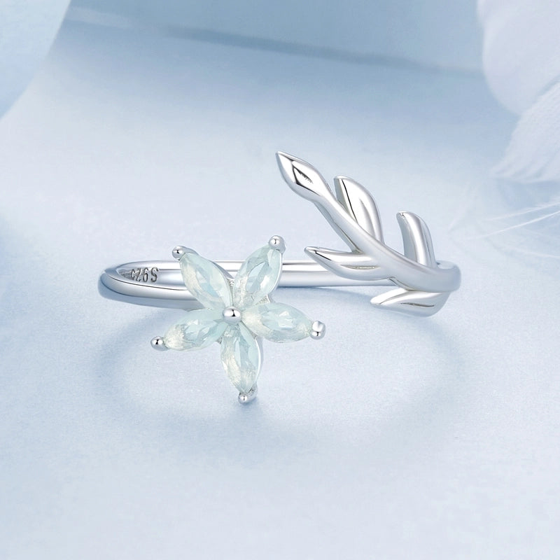 White Gold Plated 925 Sterling Silver Opal Leaf Flower Open Rings