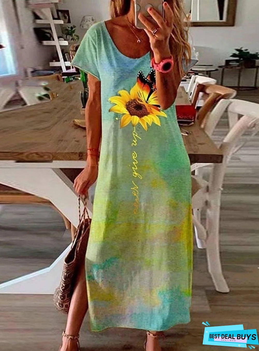 Casual Tie-Dye Sunflower Print Side Slit Long Dress