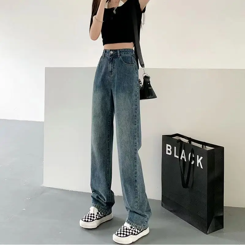 Playbrixx costumes for adult women High-waisted Jeans Women's Loose-fit Vintage Slimming Straight-leg Bell Bottoms Versatile Pants For Students Women Pants