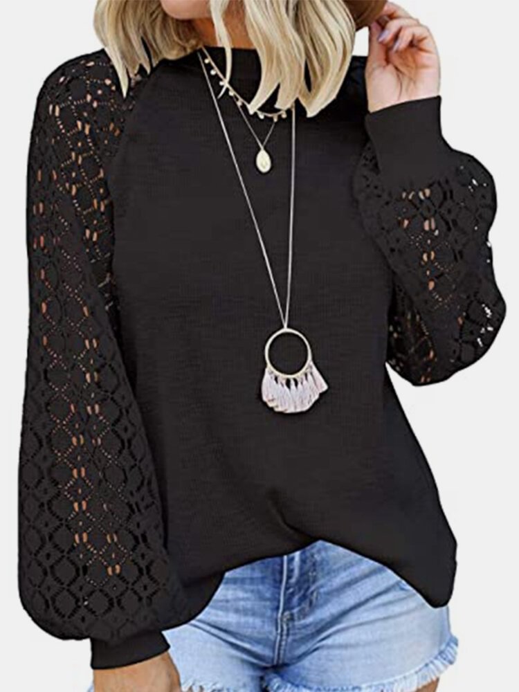 Lace Patchwork Solid Long Sleeve Casual Blouse For Women P1750434