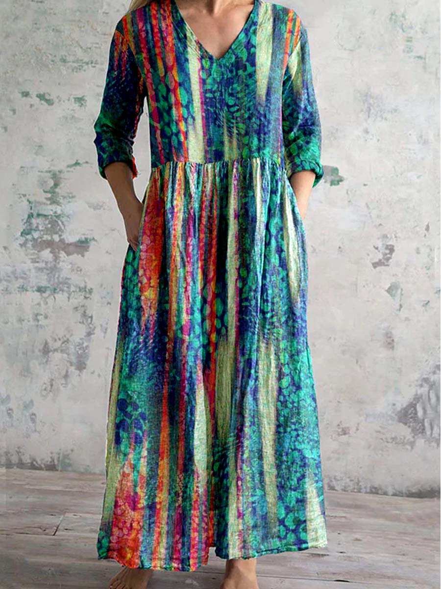 Women's Abstract Art Color V-Neck Dress With Pockets