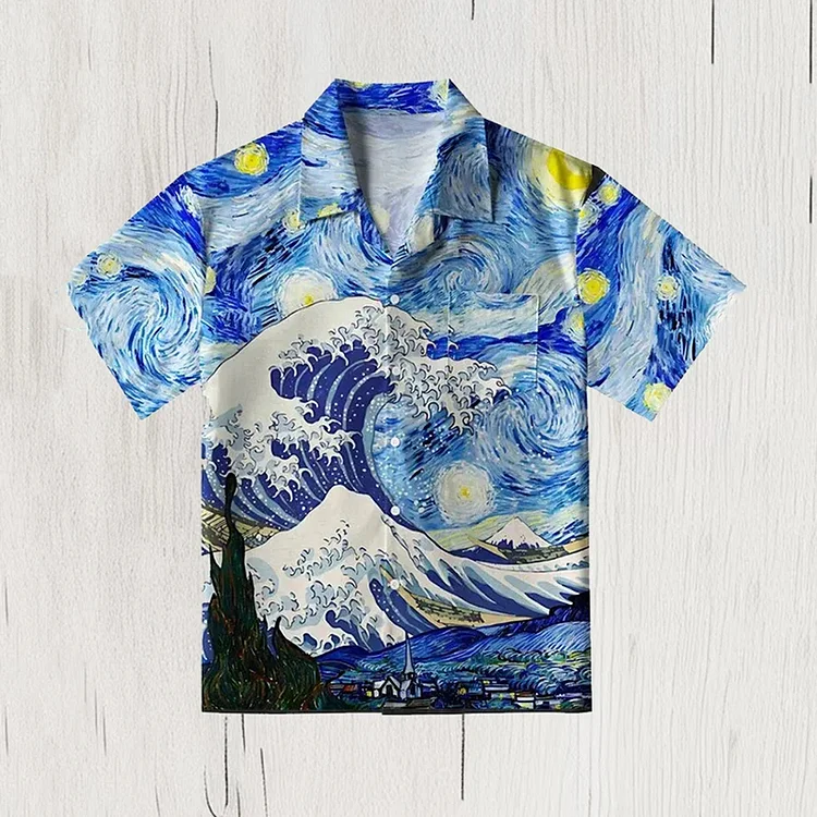 Simpfit Herrenhemd mit Hawaii-Kunstdruck „Van Gogh Sternenhimmel, Meereswellen, Wellen unter der Sternennacht“