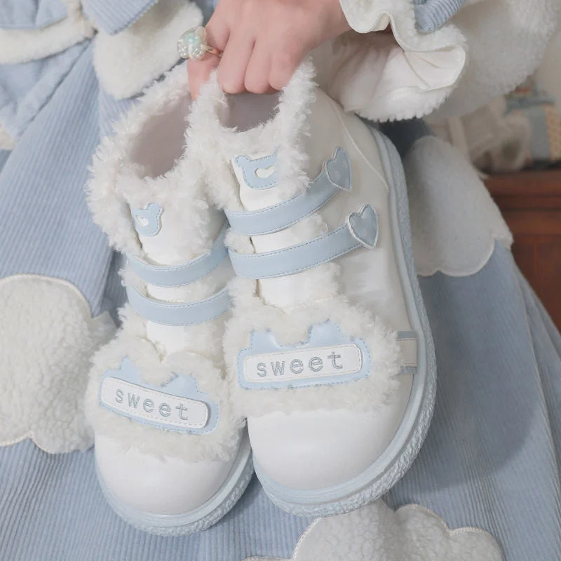 Korean Blue Warm Plush Kawaii Sweet Heart Shoes SP18458